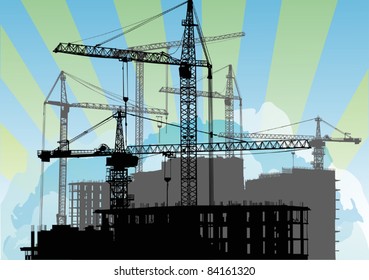 illustration with house building and cranes