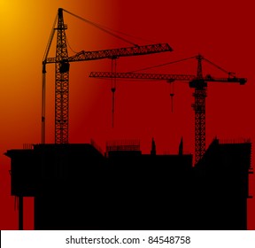 illustration with house building and cranes