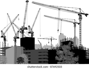 illustration with house building and cranes
