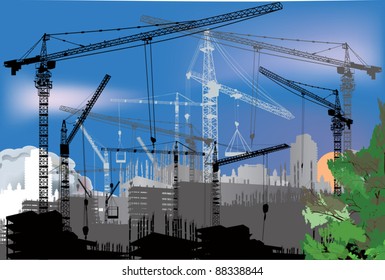 illustration with house building and cranes