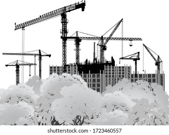 illustration with house building and cranes above trees on white background