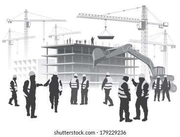 Illustration with house building and cranes. Construction workers