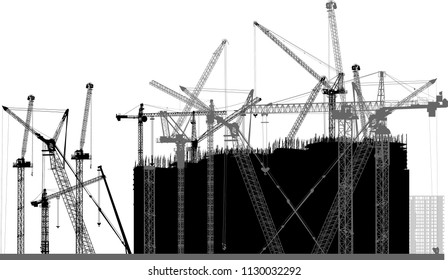 illustration with house building and cranes isolated on white background