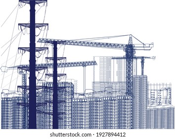 illustration with house building and cranes isolated on white background