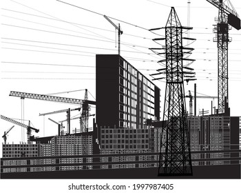 illustration with house building and cranes isolated on white