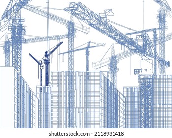 ilustración con el edificio de la casa y grúas aisladas en fondo blanco