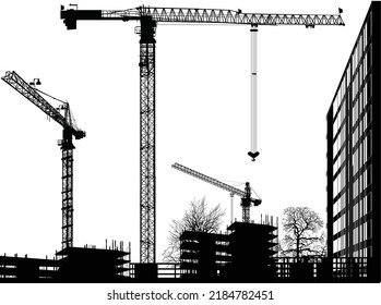 illustration with house building and cranes isolated on white background