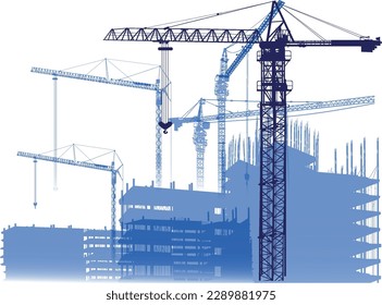 illustration with house building and cranes isolated on white background