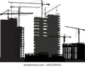 illustration with house building and cranes isolated on white background