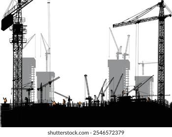 illustration with house building and cranes isolated on white background