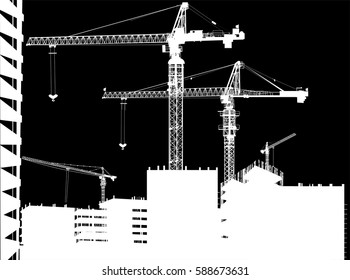 illustration with house building and cranes isolated on black background