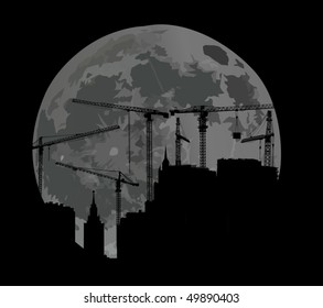 illustration with house building and cranes at moon background