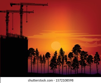 illustration with house building and cranes near forest at sunset
