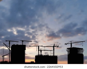 illustration with house building and cranes on  sunset sky background