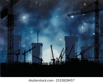 illustration with house building and cranes on dark night sky background