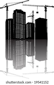 illustration with house building, cranes and reflection