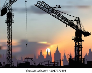 illustration with house building and cranes at sunset