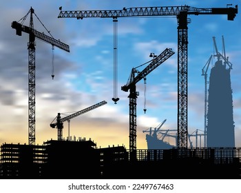 illustration with house building and cranes at sunset