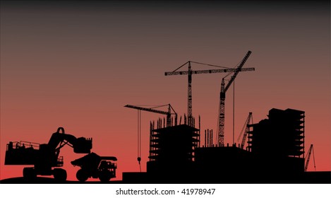 illustration with house building, cranes and truck