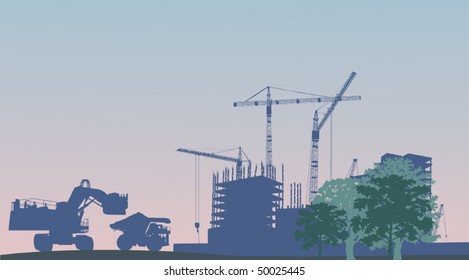 illustration with house building, cranes and truck