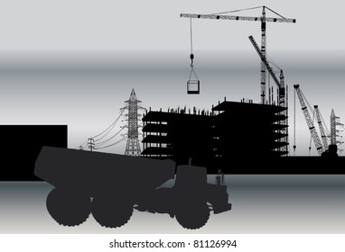 illustration with house building, cranes and truck