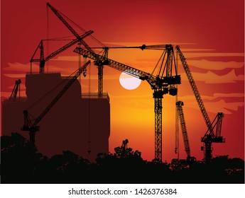 illustration with house building at red sunset