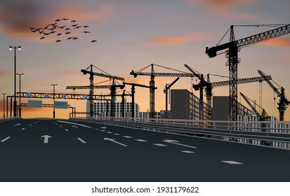 illustration with house building at red sunset