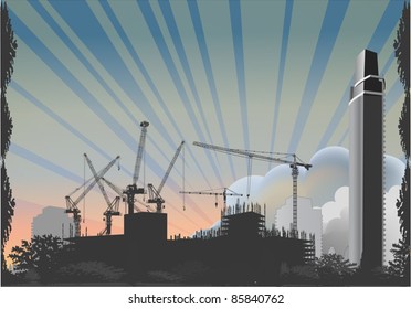 illustration with house building at sunrise