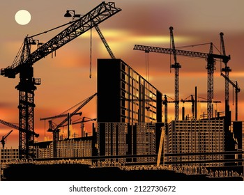 illustration with house building at sunset