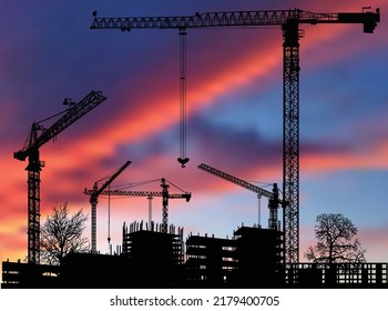 illustration with house building at sunset