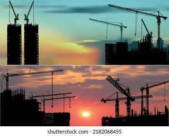 illustration with house building at sunset