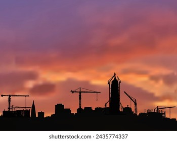 illustration with house building at sunset