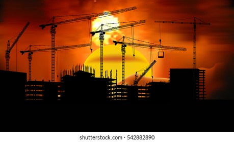 illustration with house building at sunset