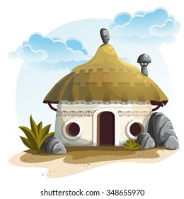Illustration House with cactus and rocks under cloudy sky