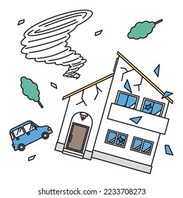 It is an illustration of a house and a car damaged by a tornado.