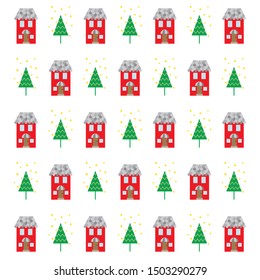 Illustration of house and Christmas tree pattern.