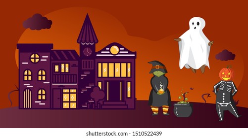 illustration with house and costume chracters Happy Halloween. Cute cartoon spooky character. Orange background. Vector illustration. Witch. Ghost. Pumpking skeleton.