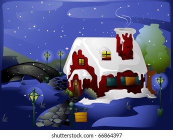 Illustration of a House Covered with Snow