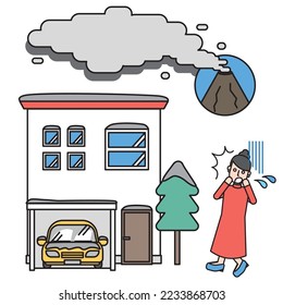 It is an illustration of a house covered with volcanic ash from an eruption and surprised residents.