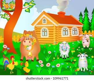 illustration house cow pig birds and sheep