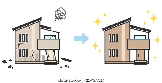 Illustration eines durch eine Katastrophe beschädigten Hauses und eines restaurierten Hauses