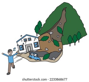 It is an illustration of a house damaged by a landslide in a nearby mountain and residents fleeing.