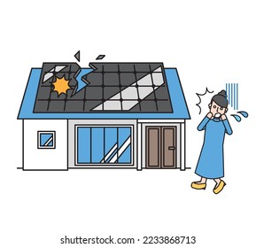 It is an illustration of a house with a damaged solar panel installed on the roof and a surprised resident.