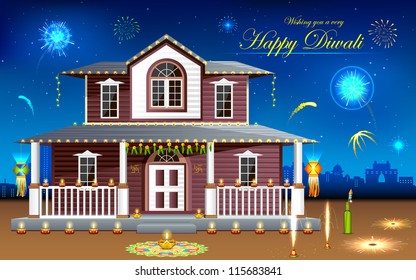 illustration of house decorated with diya in Diwali night