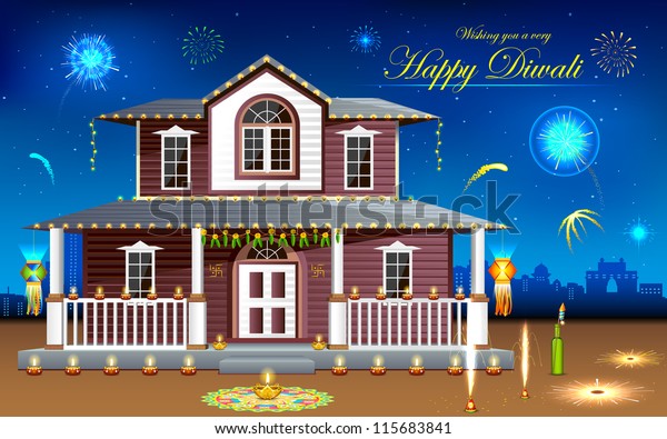 Illustration House Decorated Diya Diwali Night Stock Vector