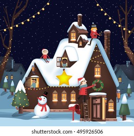 Illustration of a house decoration for winter and Christmas with kids
