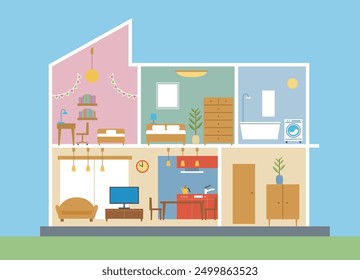 Illustration of a house, detached house, cross section of a house, 2 floors, blue sky background