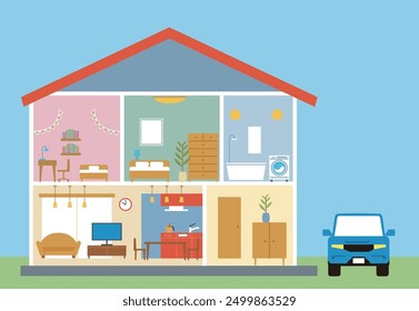 Illustration of a house, detached house, cross section of a house, 2 floors, car, blue sky background