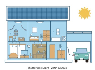 Illustration of a house, detached house, cross section of a house, 2 floors, solar panels and electric car, white background