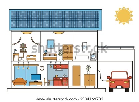 Illustration of a house, detached house, cross section of a house, 2 floors, solar panels and electric car, white background